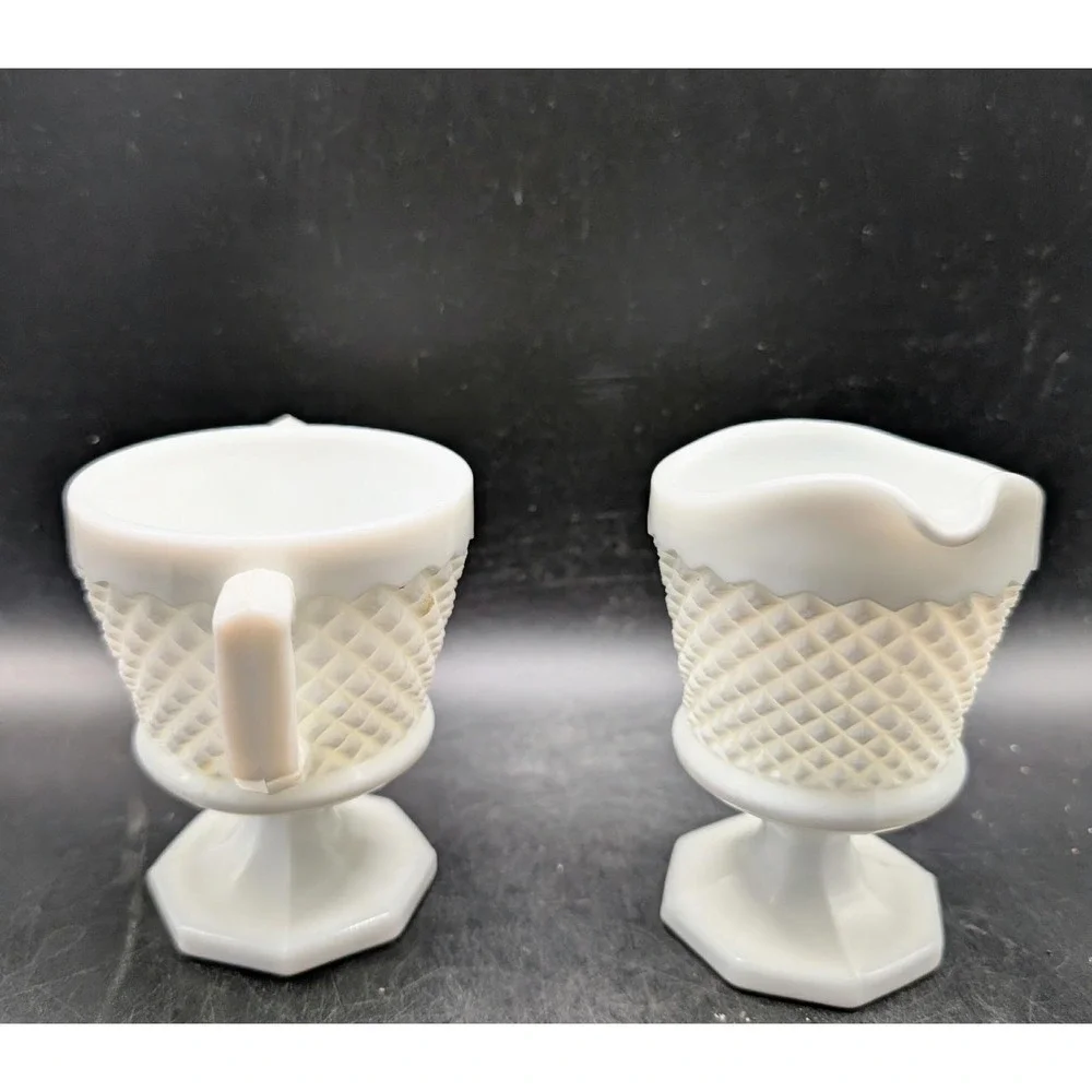 Vintage Westmoreland White Milk Glass Creamer and Sugar Bowl Set Diamond Pattern